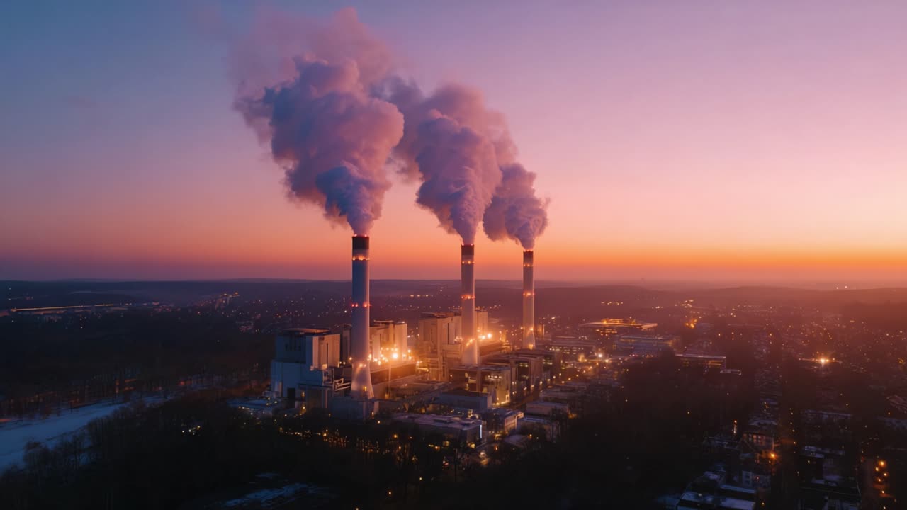 Centrale elettrica industriale al tramonto con fumi di emissione e colori vivaci che evidenziano l'infrastruttura e l'impatto ambientale.