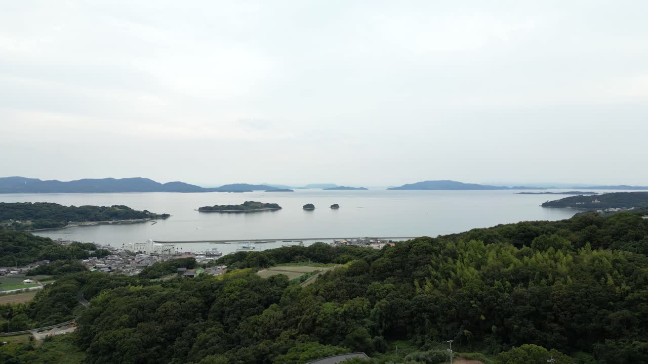 Rising cinematic drone shot over olive grove near Ushimado, Okayama, Japan