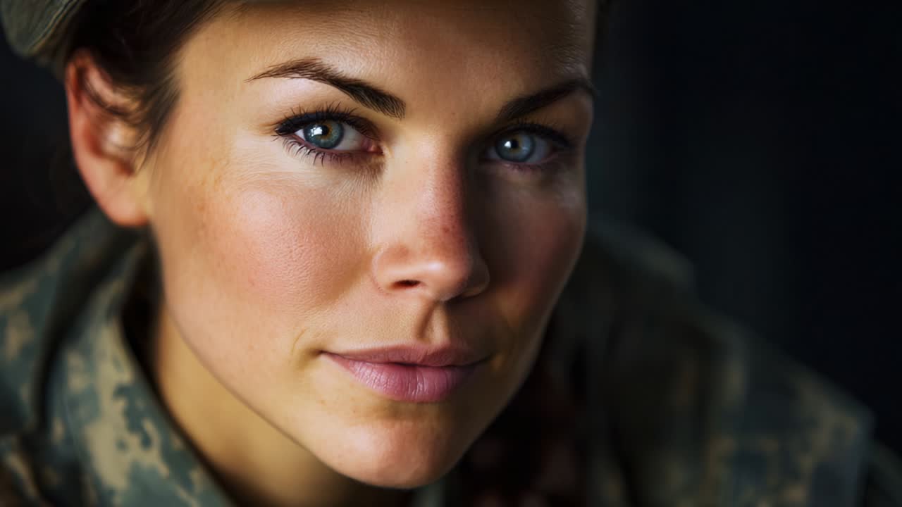 A Portrait of Strength and Determination: Capturing the Poised Expression of a Female Soldier in Uniform, Reflecting Her Commitment and Resolve to Serve with Honor in the Face of Challenges