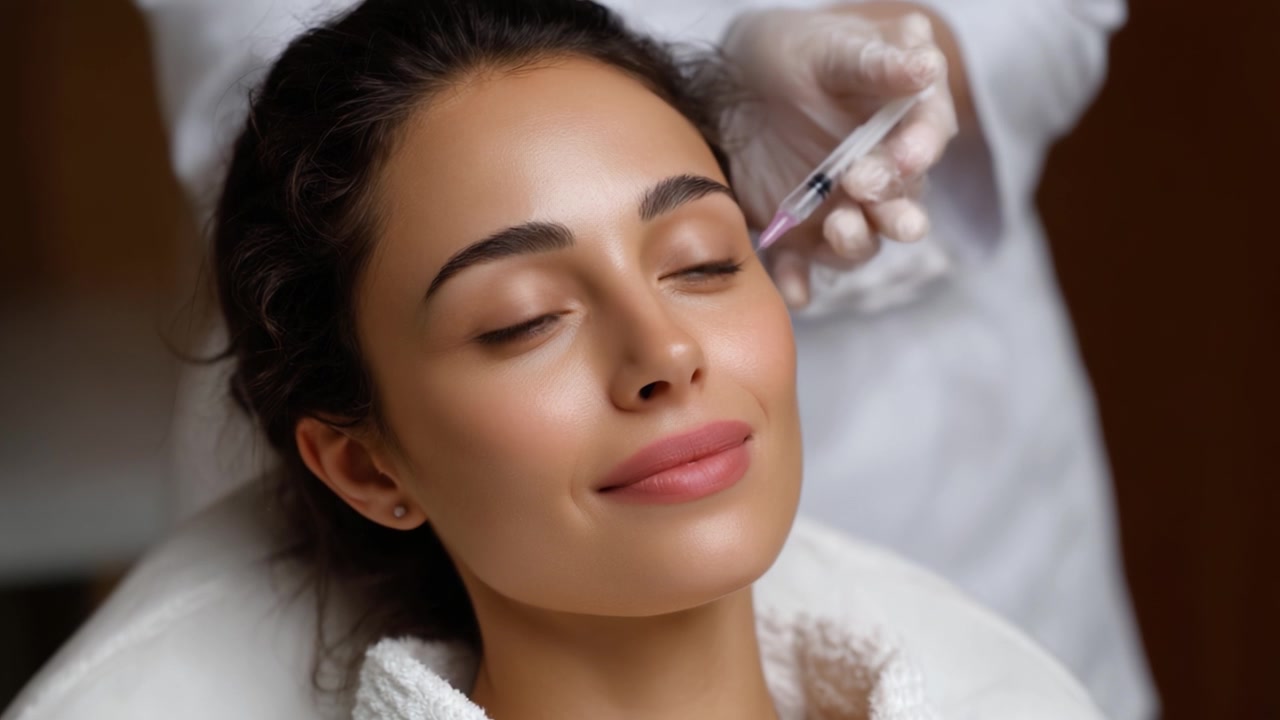 Un momento sereno durante un trattamento cosmetico in cui una donna riceve un'iniezione estetica, mostrando relax e fiducia nel processo di miglioramento estetico