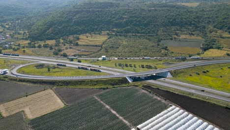 camino en medio de campos de cultivos tomados con drones