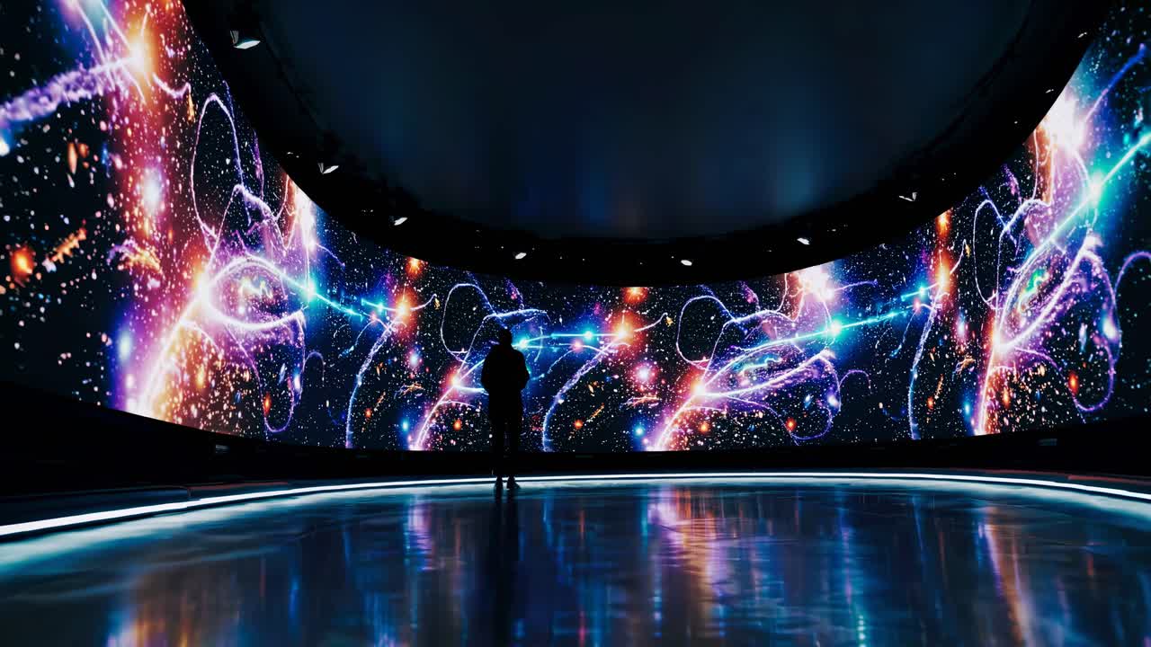 Wide-angle shot of a person in a futuristic space with vibrant, swirling digital graphics on curved