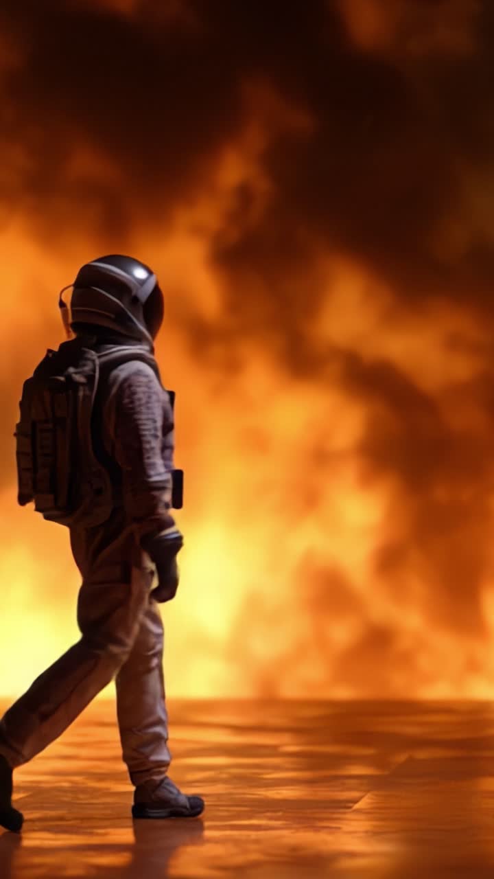 Astronauta silueteado contra un fondo ardiente, capturando un momento entre llamas e imágenes cósmicas en una impresionante representación visual de temática de ciencia ficción.