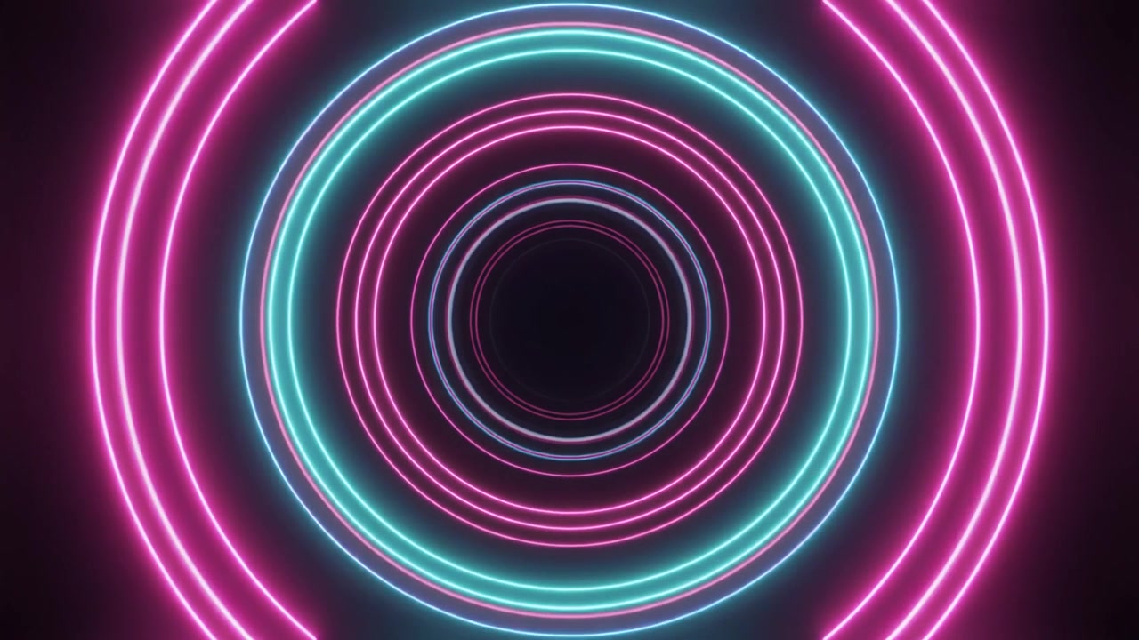 Tunnel astratto di cerchi luminosi neon rosa e ciano