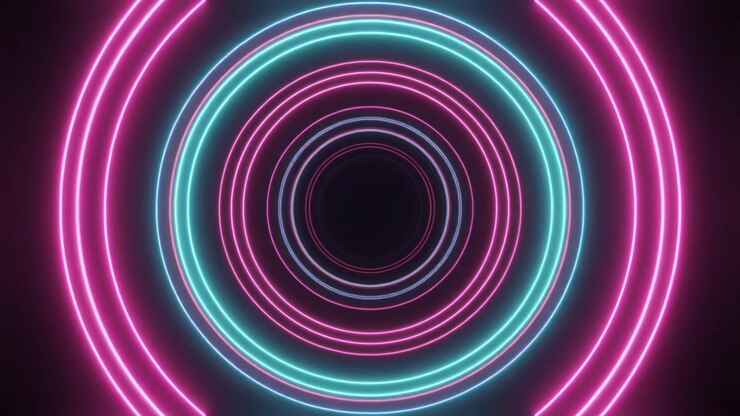 Túnel Abstrato de Círculos Luminosos Rosa Neon e Ciano