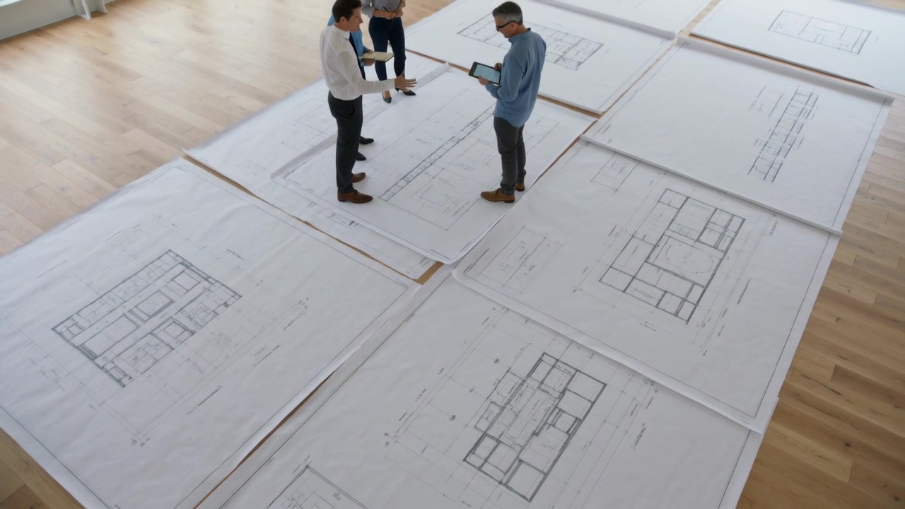 Stepping four architects in shirts on studio floor, checking tablet and adjusting plans to decide