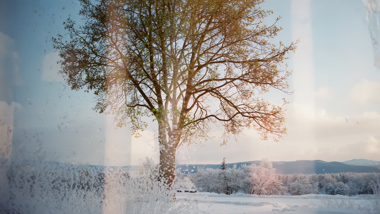 Warming rising sun melting frost at home windowpane making meltwater streaks showing tree and bench