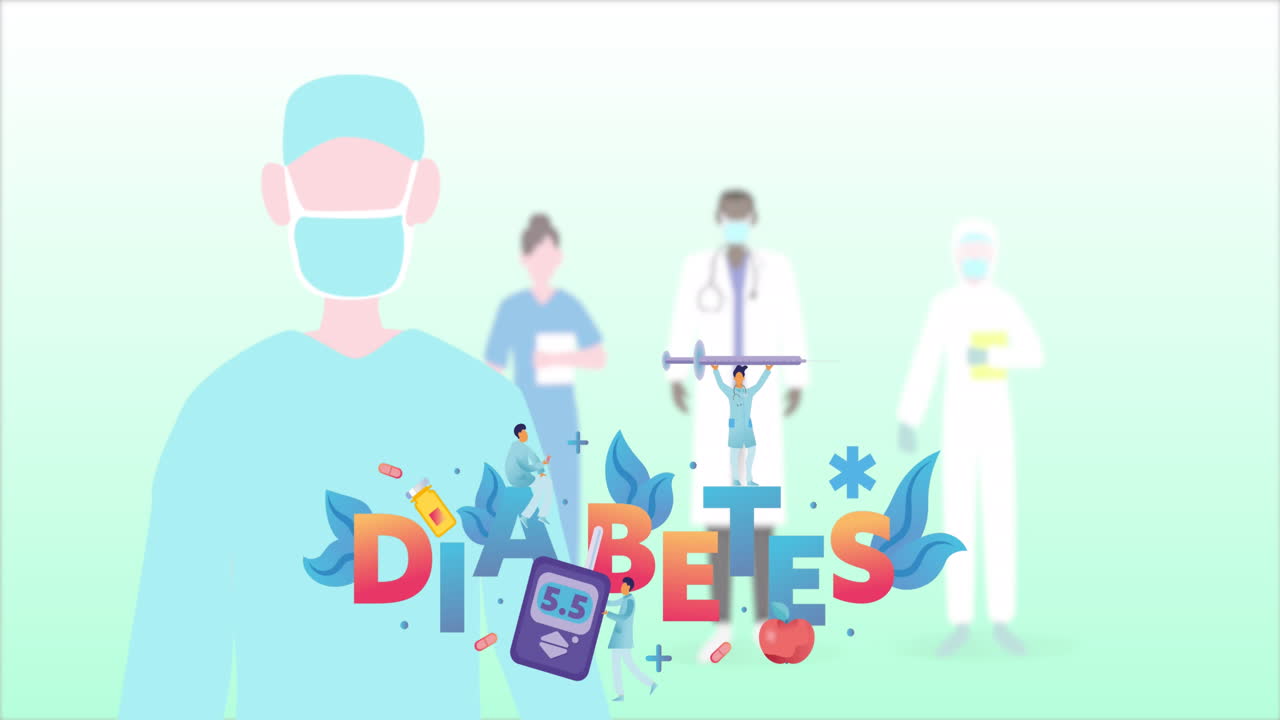 당뇨병 텍스트 및 의료 장비의 애니메이션 외과 의사, 남성과 여성 의사