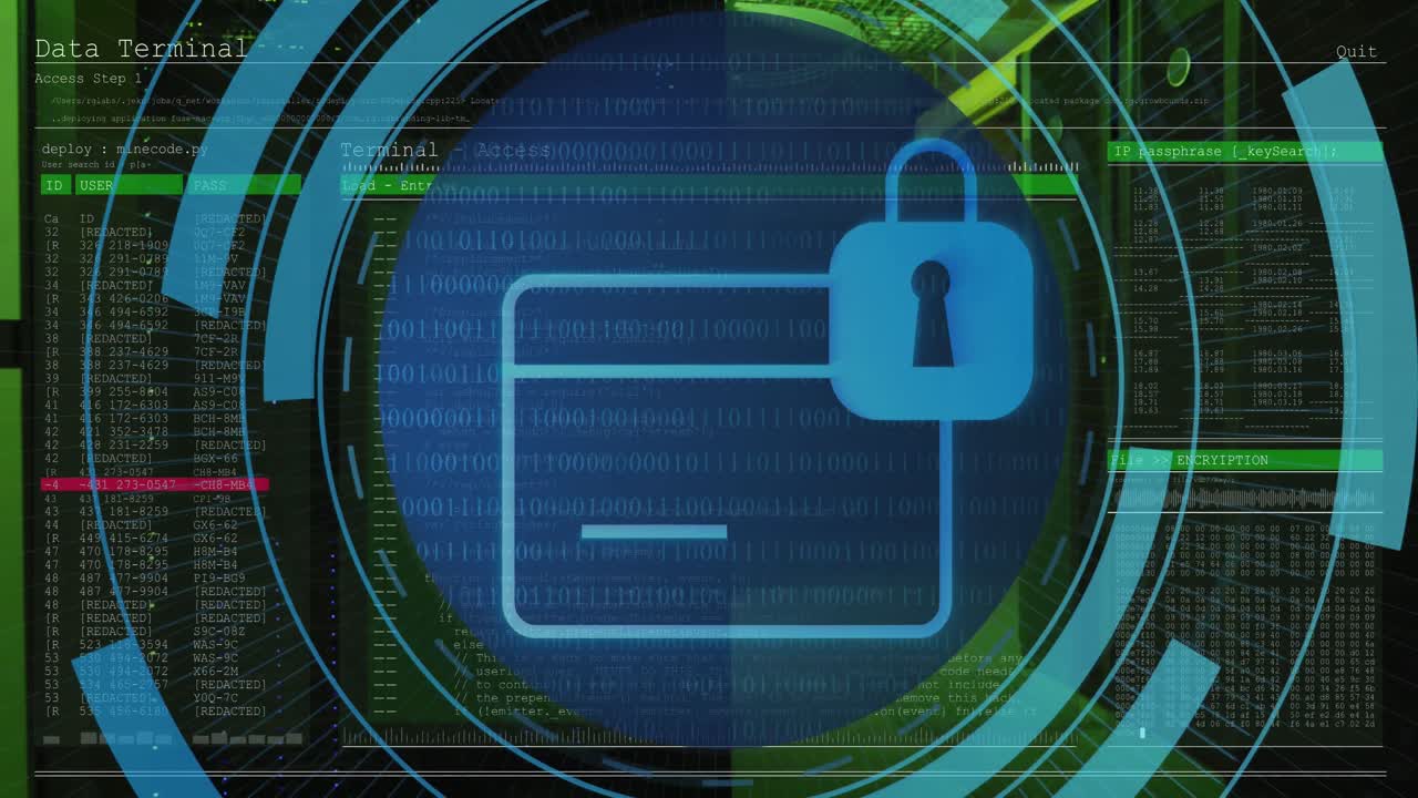 Animation of padlock and data processing over computer servers