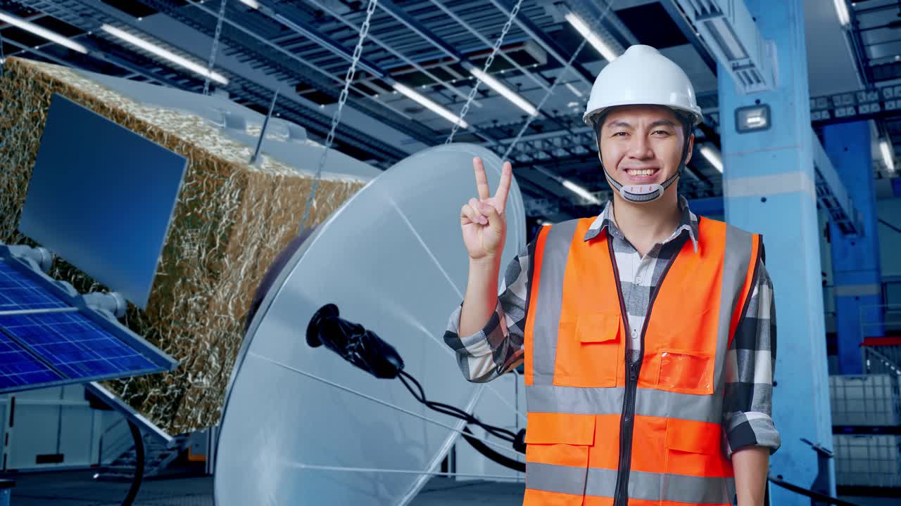 위성 및 태양 패널 장비 앞에서 포즈를 취하는 엔지니어