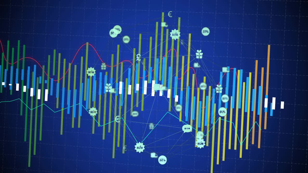 On data update dashboard on blue grid showing bars growing and nodes pulsing, showing market trends