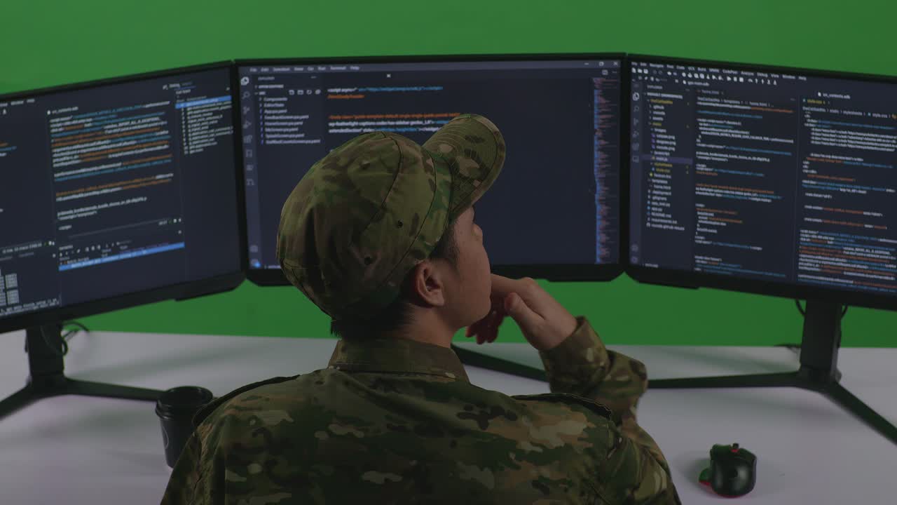 Back View Of Asian Man Soldier Developer Thinking About Something While Write Code With Multiple Computer Screens In Green Screen Studio