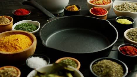 bowls with spices and pan