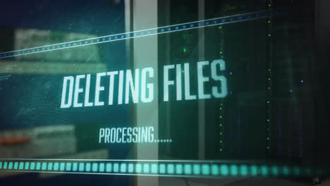 animation of deleting files, processing text on interface over server room