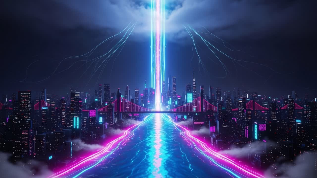 Et levende cyberpunk-bylandskab oplyst af en neonstråle: En elektrificerende forbindelse mellem urbane strukturer og dynamisk energiflow
