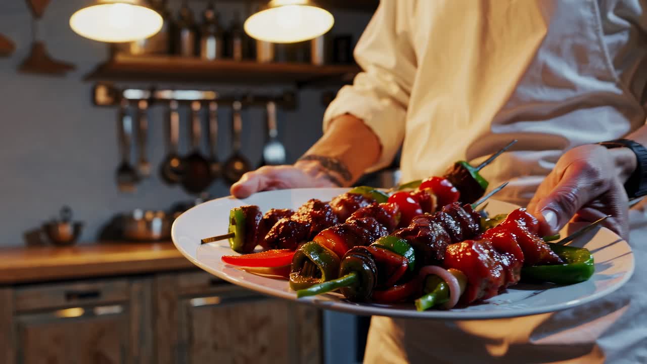 Chef che Serve Deliziosi Spiedini Grigliati