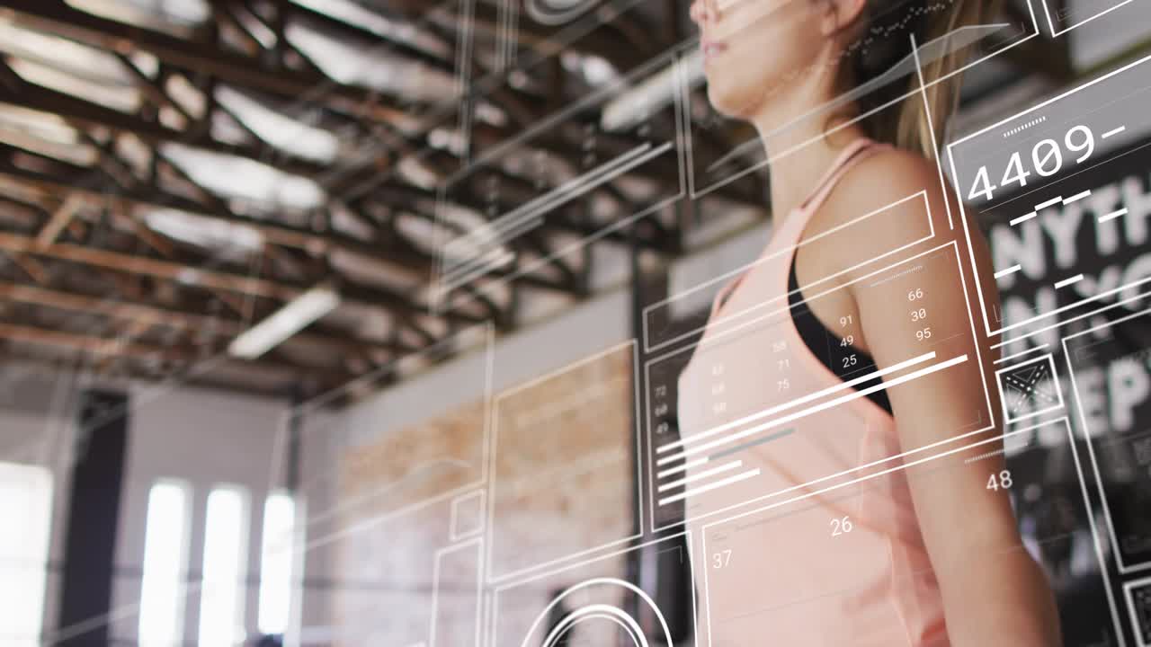Woman starting rope swing, initiating HUD graphics and tracking fitness metrics during training