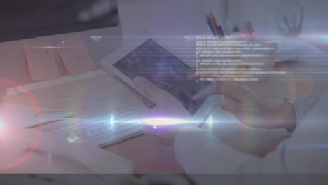 Animation of data processing with light trails over caucasian businessman using tablet