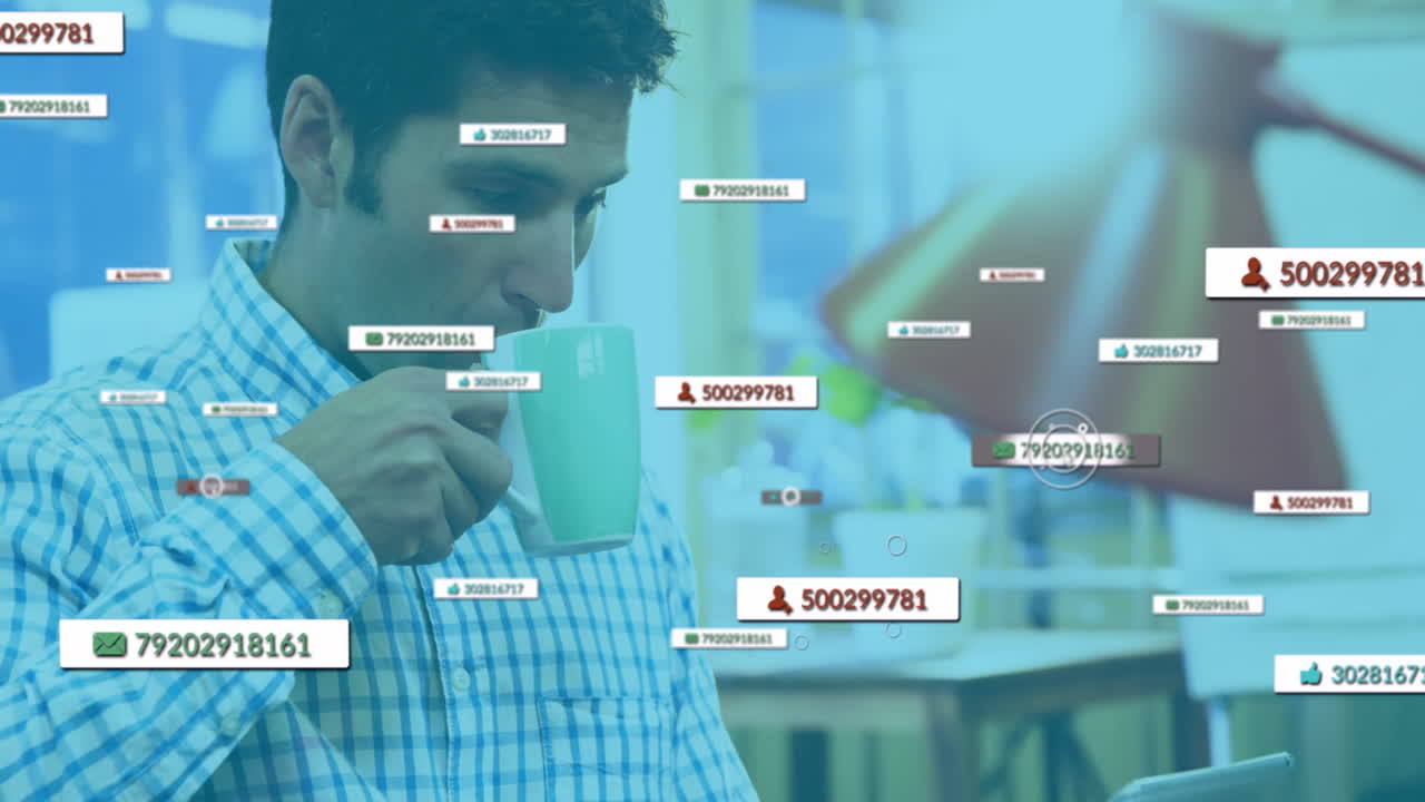 In office, man drinking coffee with animation of floating data and numbers