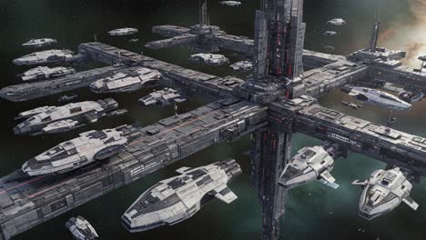futuristic space station complex featuring sleek spaceships and high-tech infrastructure amidst the vastness of space