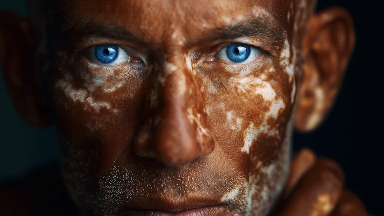 A Close-Up Portrait Highlighting Facial Features and Unique Skin Textures with Striking Blue Eyes Capturing Raw Emotion and Depth in Artful Photography