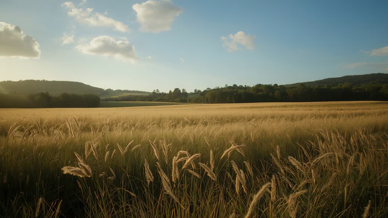 Rustling golden grasses swaying in field by breeze, drifting cloud over rolling hills and tree line