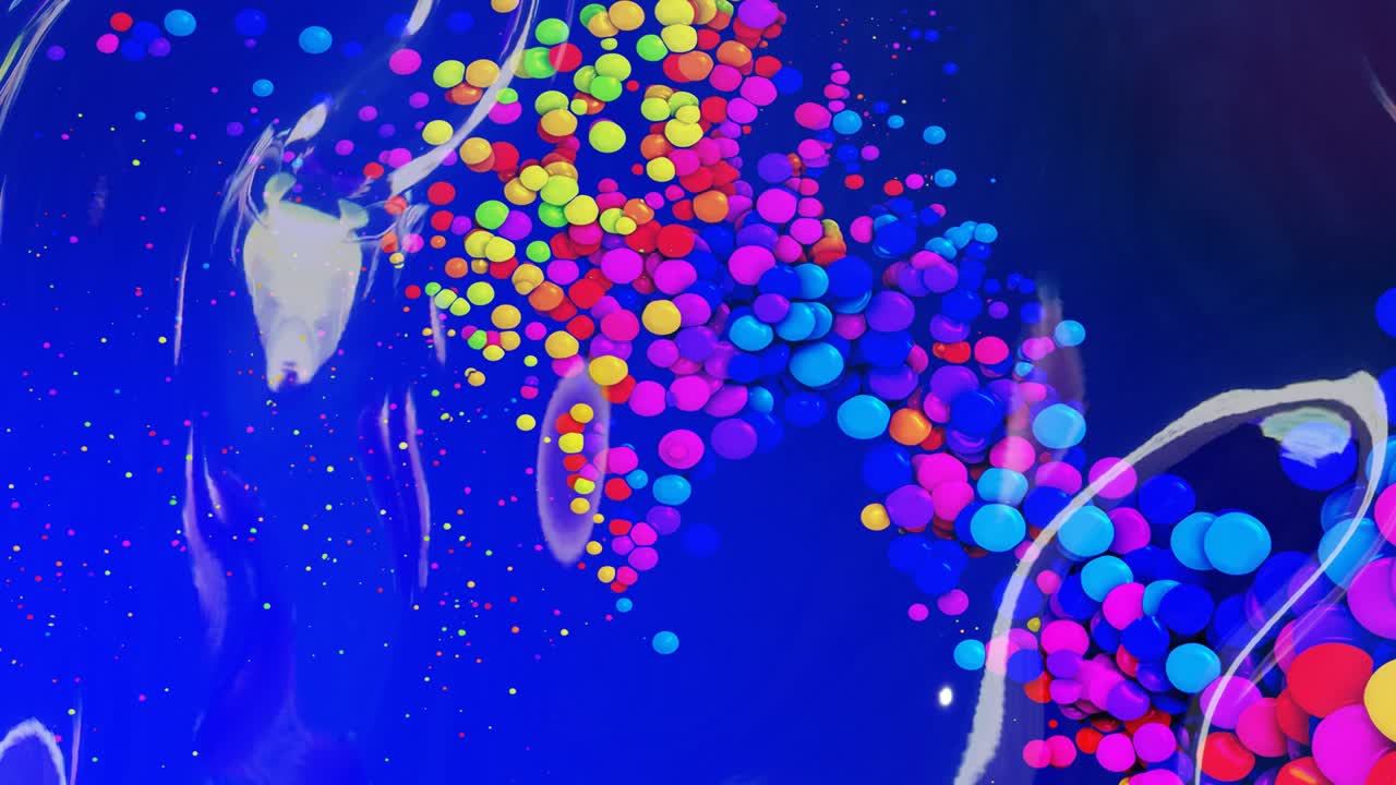 fondo en bucle abstracto de superficie brillante brillante como líquido azul ondulado con círculos de color arco iris flotan como gotas de pintura en aceite. hermoso fondo creativo con gradiente de color en 4k. 3d