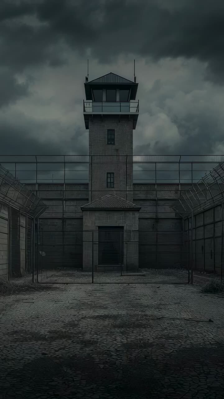 Vídeo vertical: nubes que se desplazan revelando una torre de vigilancia que controla el patio de la prisión, con alambre de espino