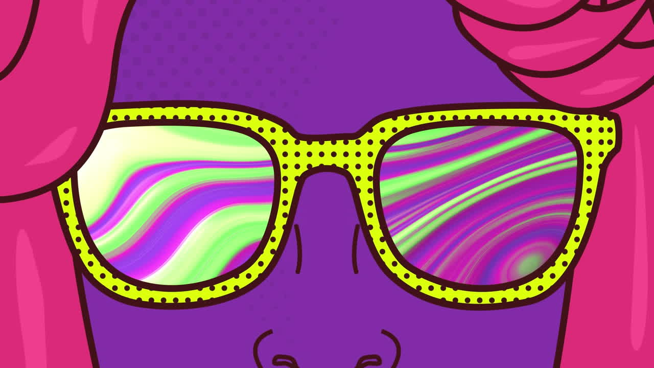 animación de una mujer con un icono de gafas sobre un fondo colorido en movimiento.