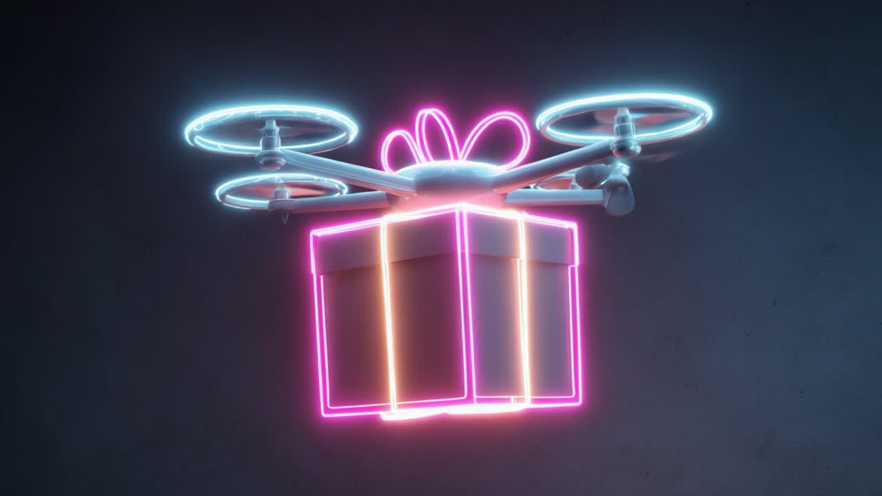 A Dazzling Drone Hovering with a Neon Gift Box: An Innovative Blend of Technology and Festivity, Perfect for Captivating Holiday Surprises and Modern Celebrations
