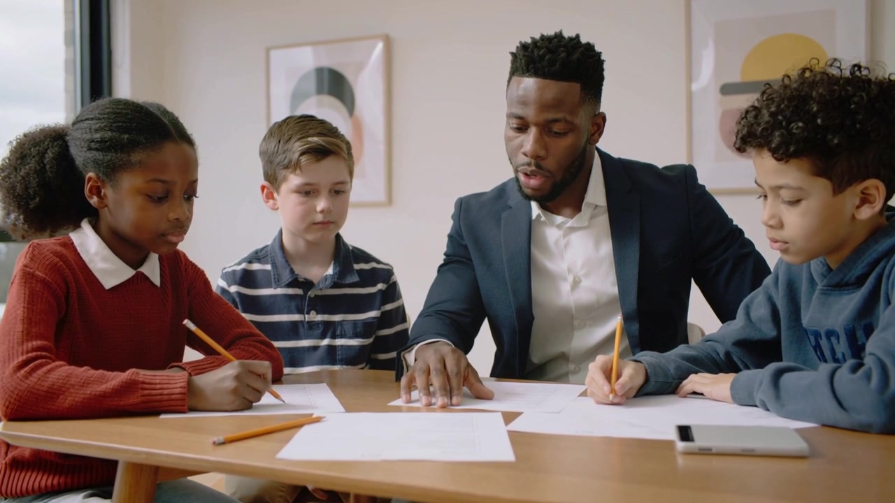 Placing paper, tutor in dark blazer guiding three kids writing at table with pencils during lesson