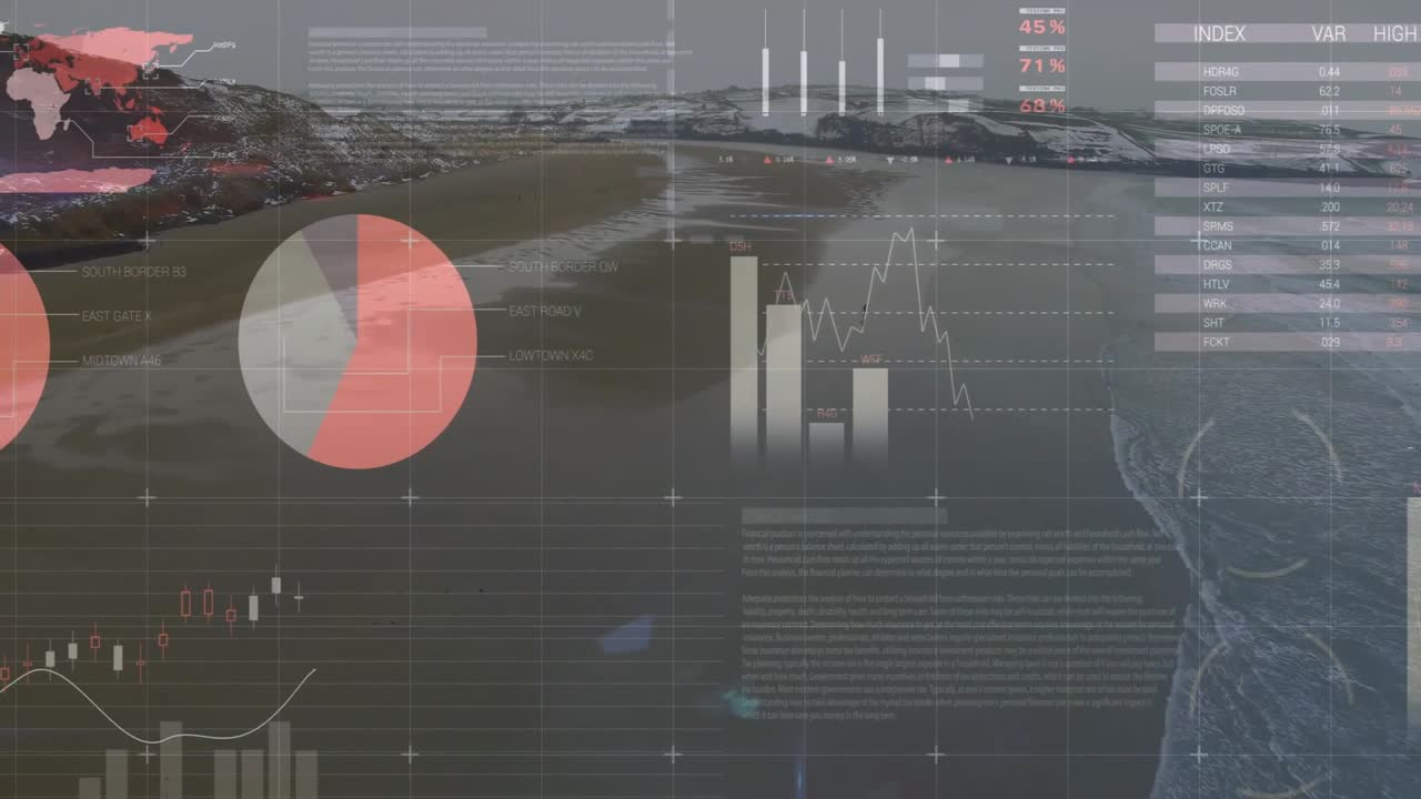 Aerial view opening initiating HUD appearing, gauges updating, charts shifting for analytics