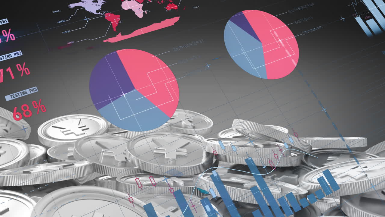 Animation of statistical data processing over stack of yen coins against grey background