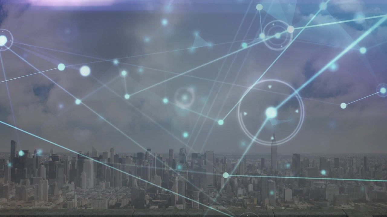 Animazione di reti di connessioni su un paesaggio urbano