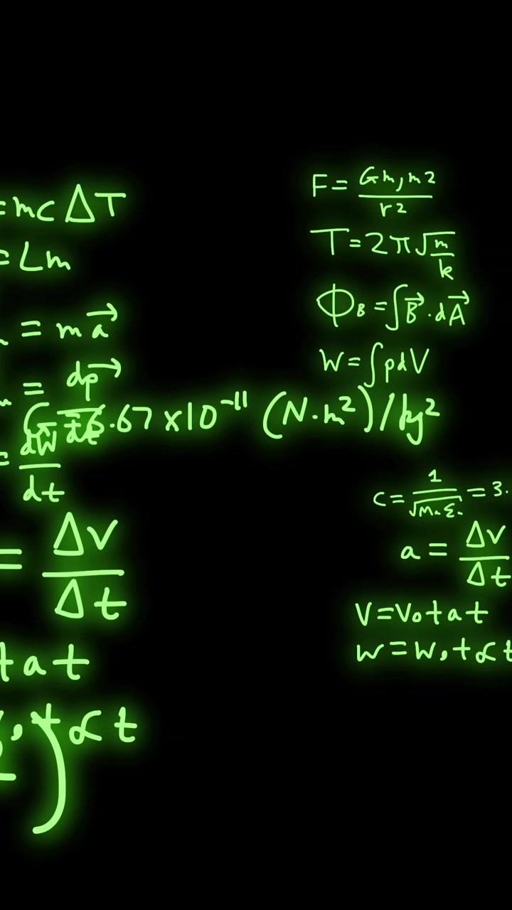 Animation of mathematical formulae and scientific data processing over black background