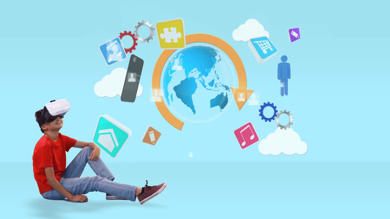 niño usando auriculares de realidad virtual con iconos generados digitalmente 4k