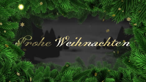 Animation-of-frohe-wihnachten-text-over-winter-scenery-background