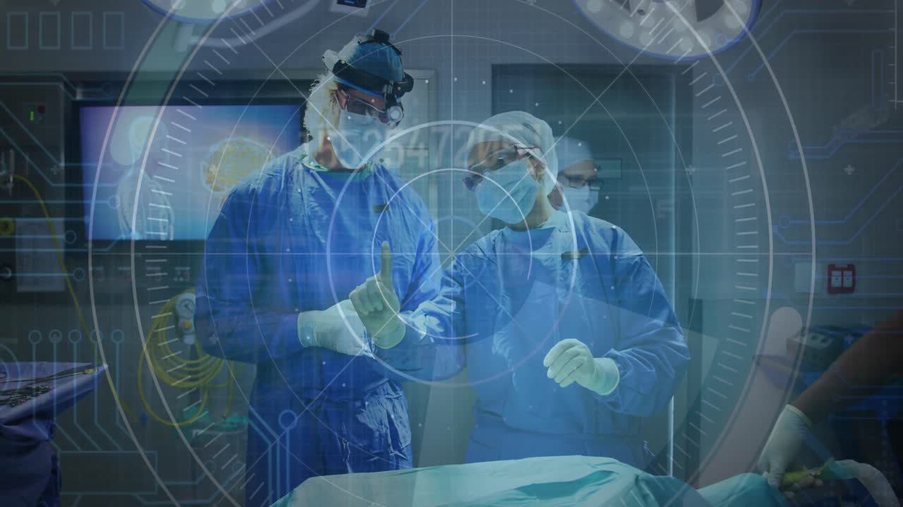 다양한 남녀 외과 의사들이 수술 전에 토론하는 둥근 스캐너의 애니메이션