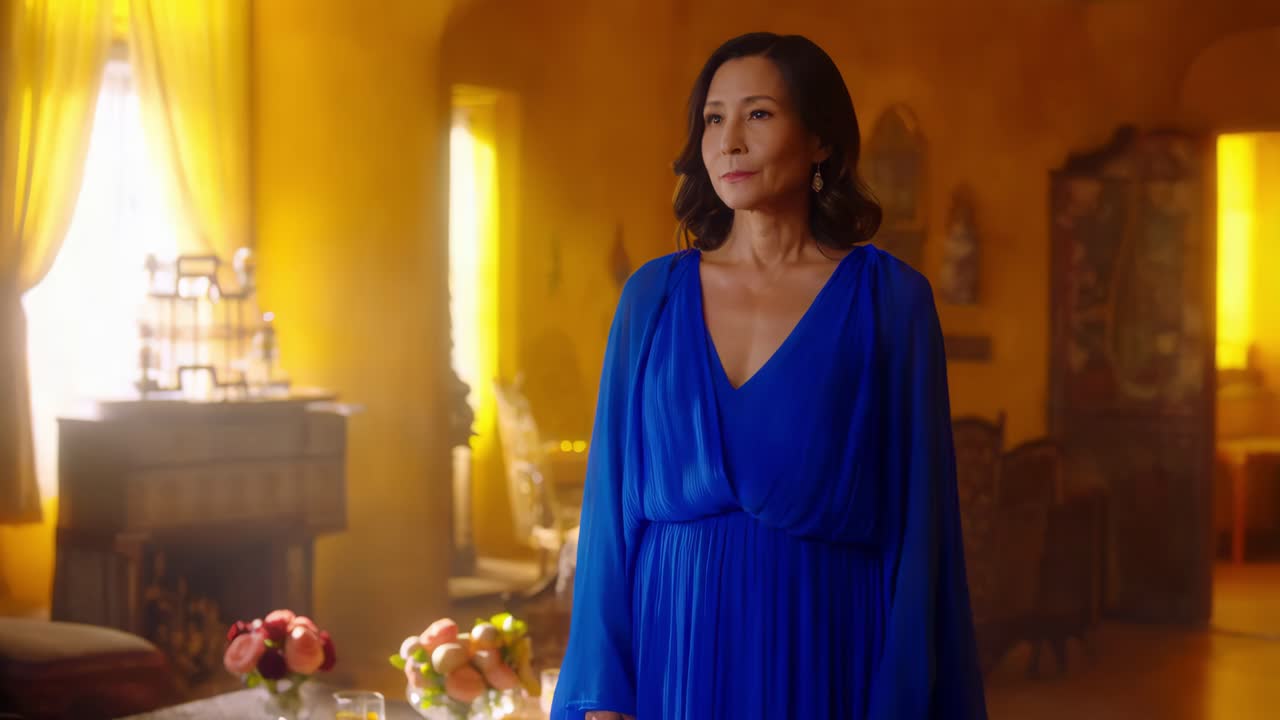 mujer con un vestido azul en una casa vintage