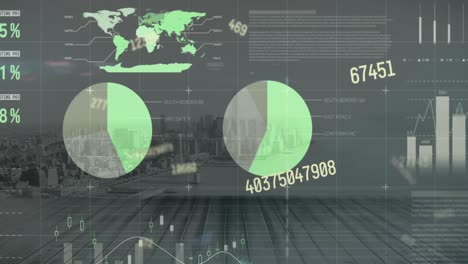 Animación-Del-Procesamiento-De-Datos-Con-Mapa-Mundial-Sobre-El-Paisaje-Urbano