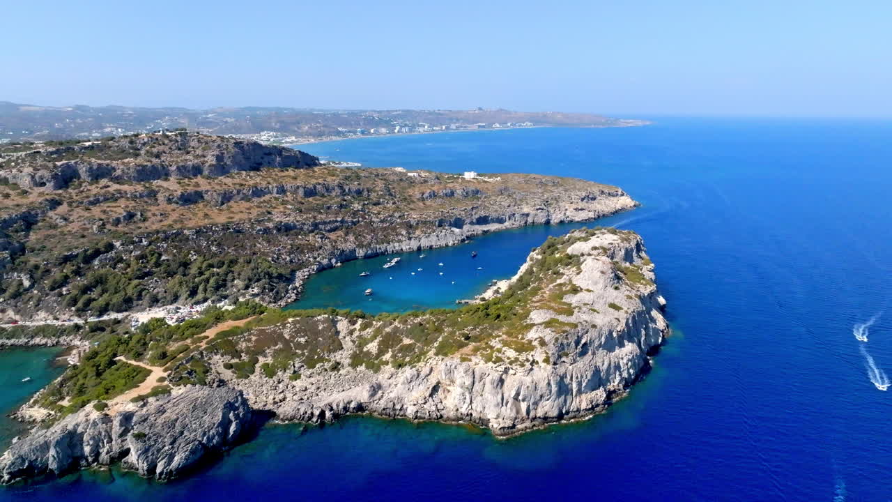 Aerial view away from the Anthony Quinn bay, sunny day in Rhodes, Greece