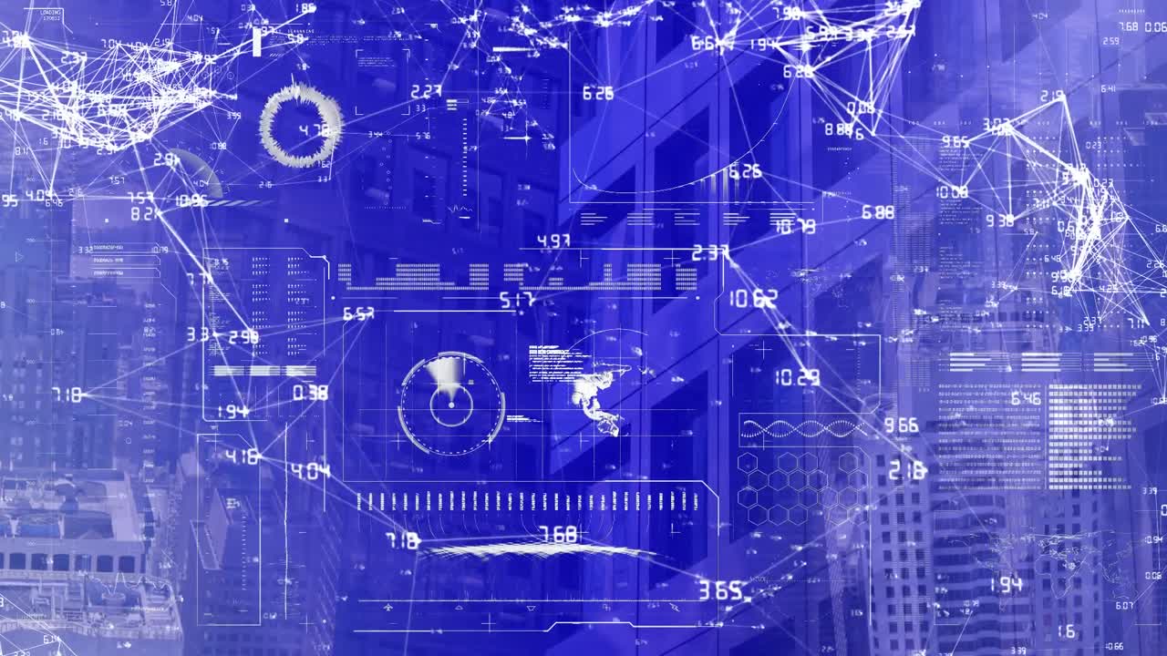 animazione di reti di connessioni e elaborazione dei dati su edifici moderni su sfondo blu