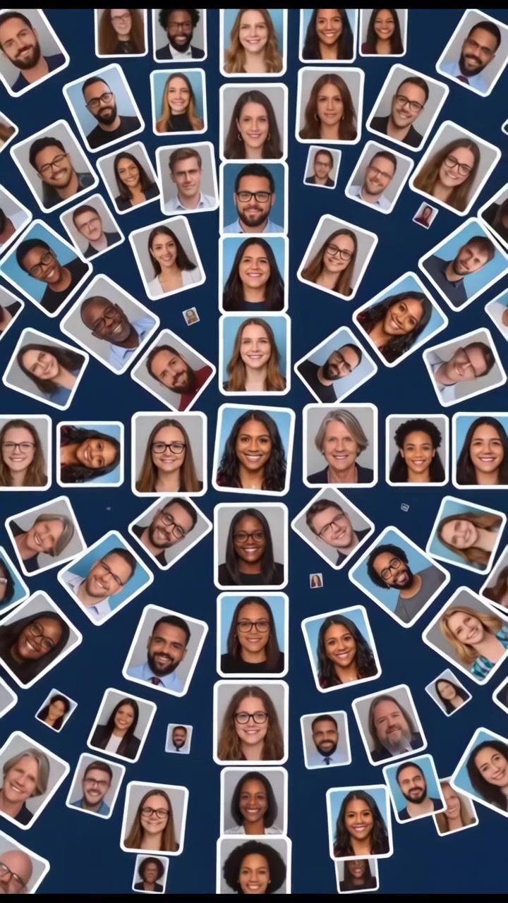 Single Asian Woman Portrait Forms Team Mosaic Of Smiling Faces Radiating Outward On Corporate Blue Background,
