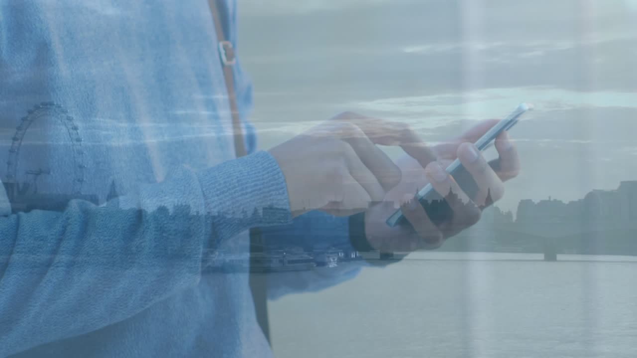 Animazione di un uomo che usa uno smartphone con paesaggio urbano sullo sfondo