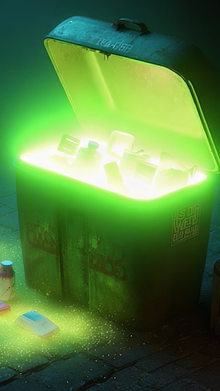 Un cassonetto luminoso emana una sinistra luce verde, illuminando oggetti scartati al suo interno e intorno ad esso, creando un'atmosfera ultraterrena in un ambiente urbano buio.