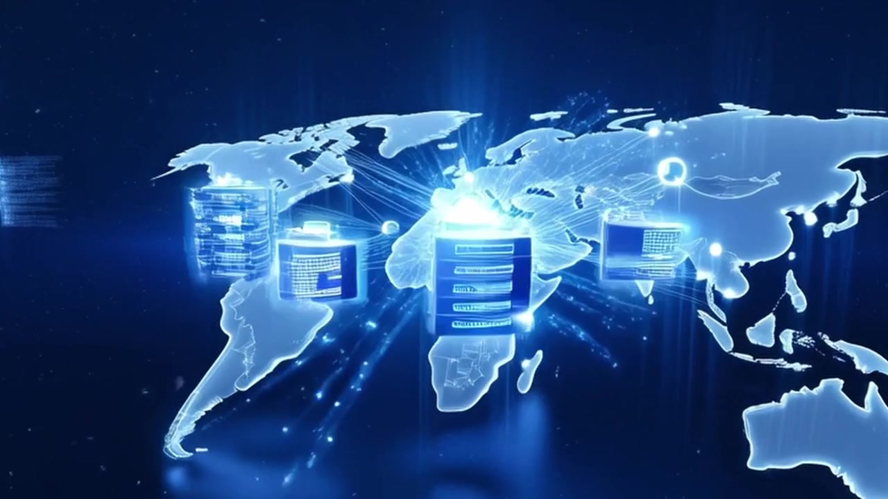 Digital World Map with Global Data Network and Server Connections