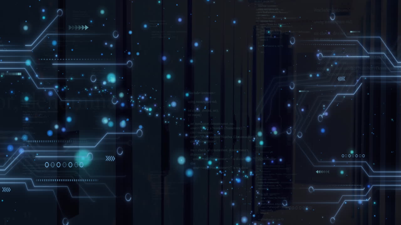 Animation of glowing blue spots and microprocessor connections against black background