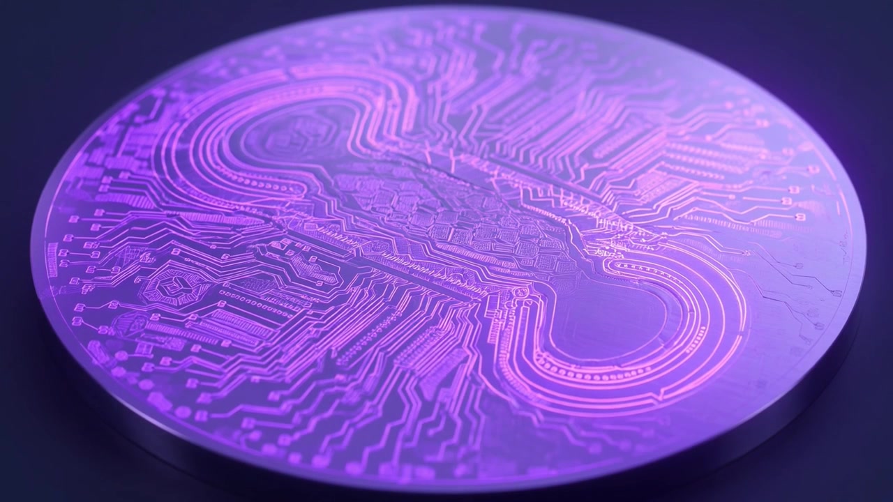 Digitale cloud computing printplaat met gloeiende paarse lijnen