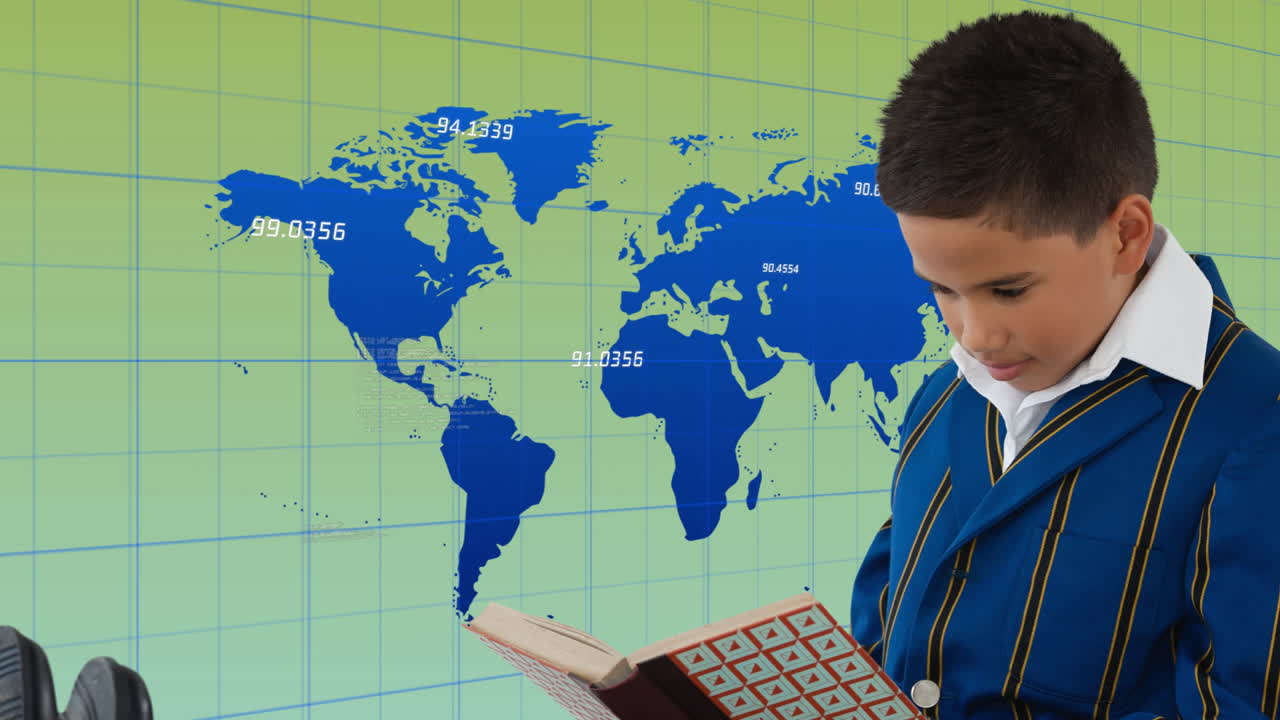 In school, boy in uniform reading book with world map and coordinates