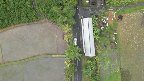 Toma-Aérea-Topview-De-Un-Automóvil-Que-Conduce-A-Través-De-Campos-De-Arroz,-Canggu,-Bali,-Indonesia